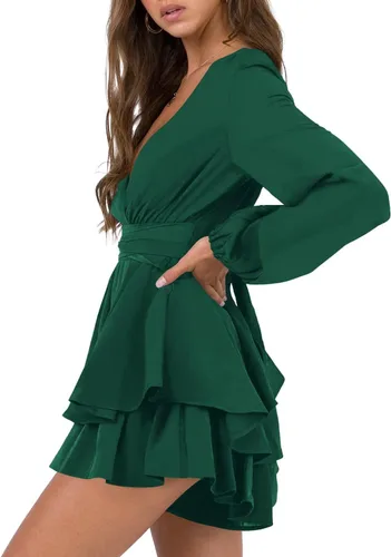 Vista 2 de Hocuos Vestido corto casual de manga larga con cuello en V para mujer, con lazo en la cintura, dobladillo con volantes, acampanado, casual, corto