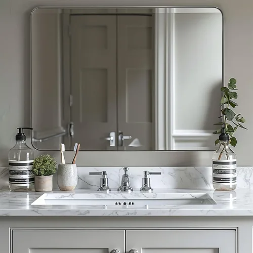 Vista 20 de ANDY STAR Espejo de pared cuadrado para baño, espejo de baño negro mate de 24 x 24 pulgadas, espejo de metal de esquina redondeada en marco de acero
