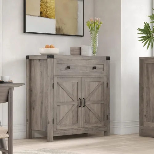 Vista 4 de HOSTACK Armario de almacenamiento de cocina, gabinete de barra de café de granja, gris ceniza Small Buffet Cabinet with Doors & Wide Drawer, Wood