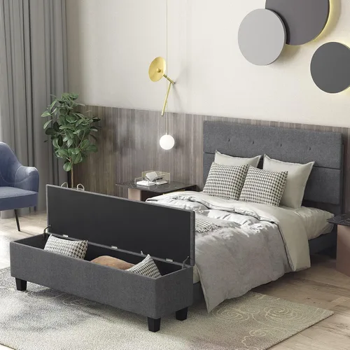 Vista 5 de KOMFOTT Base de cama tapizada de tamaño matrimonial con almacenamiento otomano, base de colchón moderna con cabecera copetuda con botones, base