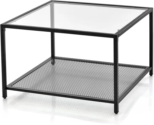 Vista 9 de Giantex Mesa auxiliar cuadrada de 27.5 pulgadas, mesa central de vidrio templado con estante inferior de almacenamiento y marco de metal, mesa