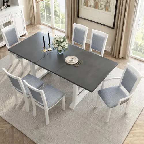 Vista 12 de Elegante juego de mesa de comedor de cocina de 6 piezas, mesa rectangular de madera y 4 sillas copetudas de respaldo alto y 1 banco, juego de mesa