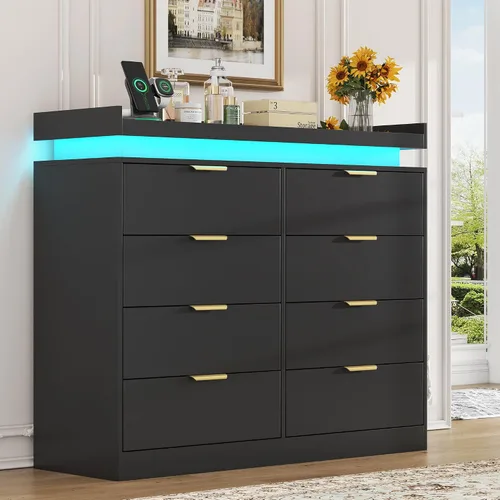 Vista 14 de UNIQUITE Cómoda negra con luces LED y toma de corriente, cómoda alta de madera con 4 cajones para dormitorio, cómoda moderna para dormitorio