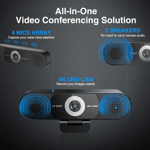 Vista 2 de EMEET C980 PRO Cámara web 4K 3-en-1 con micrófono y altavoz, cámara web de gran angular de 60°-98° con 4 micrófonos con cancelación de ruido, 2