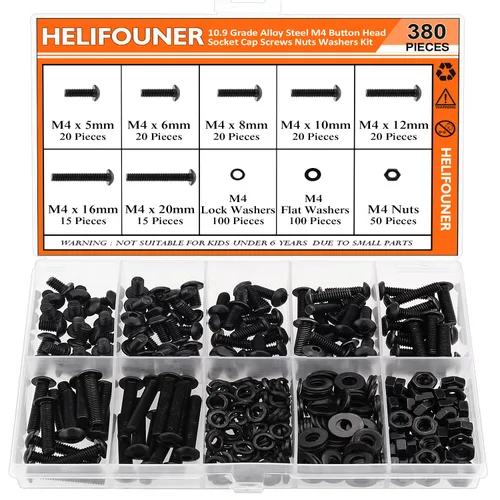 Vista 21 de HELIFOUNER 560 Piezas M2 x 4 mm / 6 mm / 8 mm / 10 mm / 12 mm / 16 mm / 20 mm, Kit de Tornillos de Cabeza de Botón con Arandelas y Tuercas, Acero