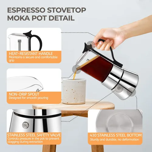 Vista 4 de Olla de vidrio transparente para 4 tazas, 7.4 fl oz, cafetera de acero inoxidable, sin recubrimiento, cafetera de café expreso, estilo italiano