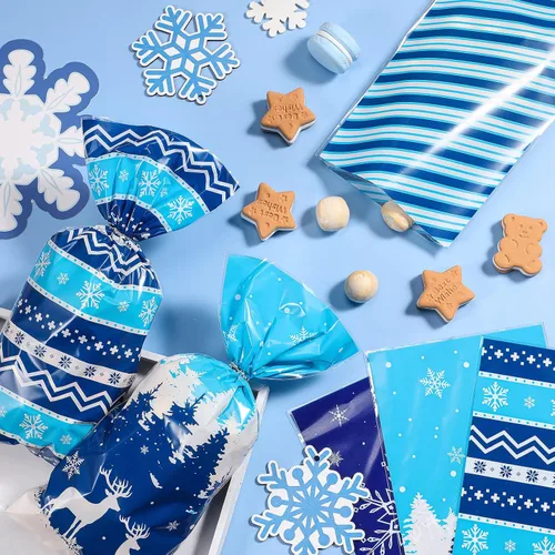 Vista 5 de Outus 120 bolsas de caramelos de celofán de invierno con copos de nieve de invierno, bolsas de plástico para violonchelo para galletas, temática