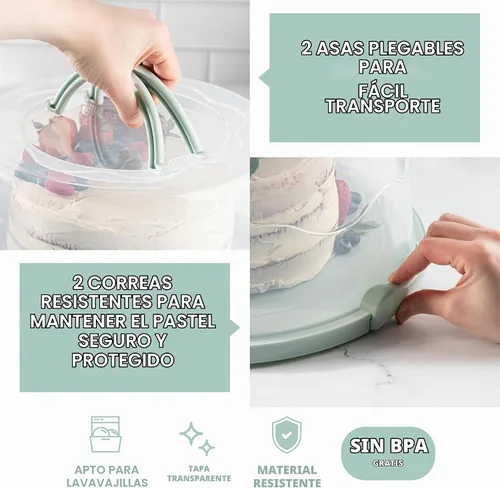 Vista 2 de Porta pasteles extra grande y extra resistente, soporte para pasteles con tapa y asas plegables, plato multifuncional para servir y plato para Verde