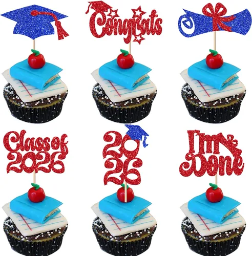 Vista 19 de Paquete de 24 adornos para cupcakes de graduación 2025 con purpurina I Am Done Diploma Felicidades Graduado Cap Cupcake Picks Class Of 2025