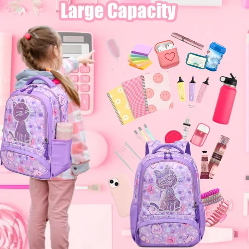 Vista 6 de Mochila de escuela primaria para niñas con lonchera, mochila de regreso a clases
