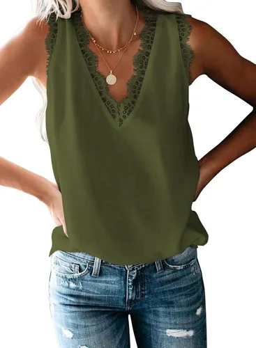 Vista 39 de VIISHOW - Camiseta sin mangas, sexy, con cuello en V y bordes de encaje para mujer, camisola de vestir, camisas de gasa, sin mangas, casuales