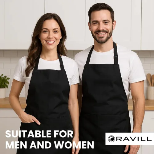Vista 2 de Ravill Delantal negro con bolsillos para hombres y mujeres, delantales de trabajo de poliéster multiusos de 35 pulgadas de largo para cocinar