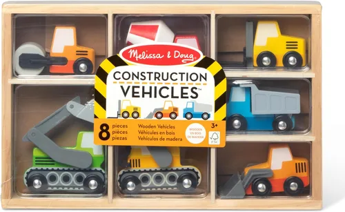 Vista 3 de Melissa & Doug – de madera de construcción sitio Vehículos con bandeja de almacenamiento de madera (8 Pcs)