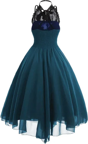 Vista 2 de SHWING Gothic Clothes for Women, Halloween Dresses for Women Sleeveless Gothic Dress with Corset Halter Swing Dress