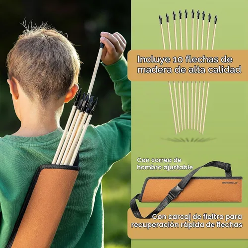 Vista 6 de BOWRILLA® Arco y flecha de madera para niños con 10 flechas, carcaj, 3 objetivos y bolsa de almacenamiento Juego de arco y flecha para niños