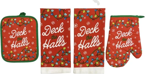 Vista 16 de Paños de Cocina y Agarraderas Navideños - Juego Alegre de Navidad de 4 Piezas 100% Algodón Verde Rojo Blanco - Dos (2) Paños de Cocina, Un (1)
