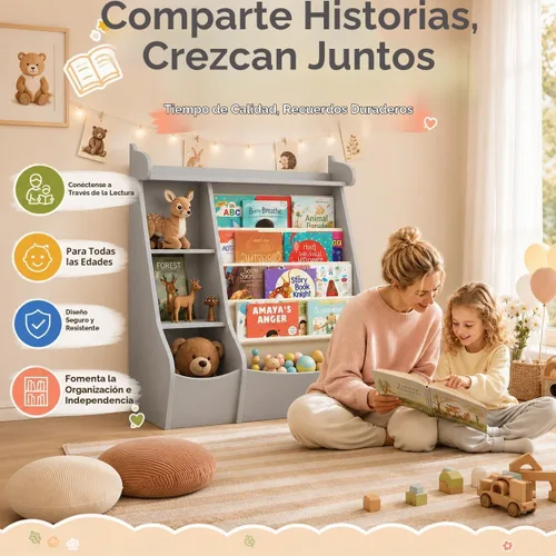 Vista 4 de FKWin - Estantería para niños, organizador de almacenamiento de juguetes, 5 niveles, color gris Montessori