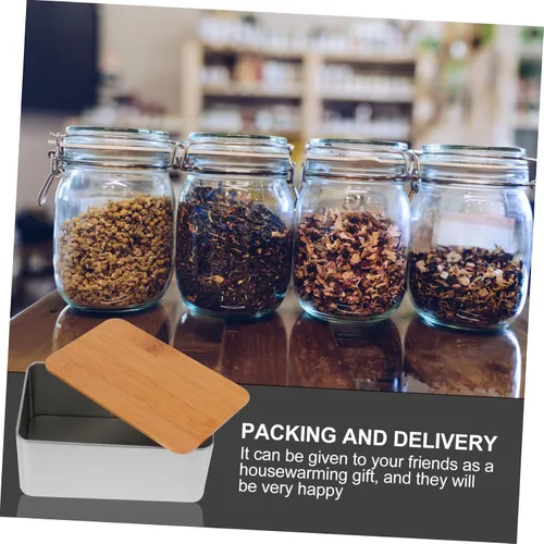 Vista 5 de UPKOCH Lata de té cuadrada con tapa de bambú sellada, recipientes de alimentos, tapas para bolsa de té, cesta de almacenamiento de latas de metal