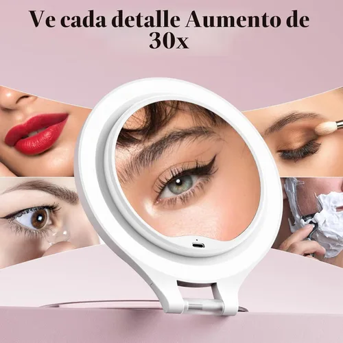 Vista 4 de Espejo de aumento con luz 10X/1X, espejo de viaje de doble cara con luz, espejo de maquillaje recargable con 3 ajustes de color Soporte ajustable