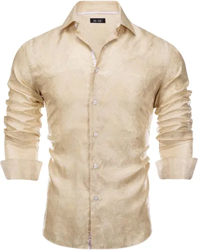Vista 14 de Hi-Tie Camisa de manga larga jacquard con contraste interior sin arrugas para hombre