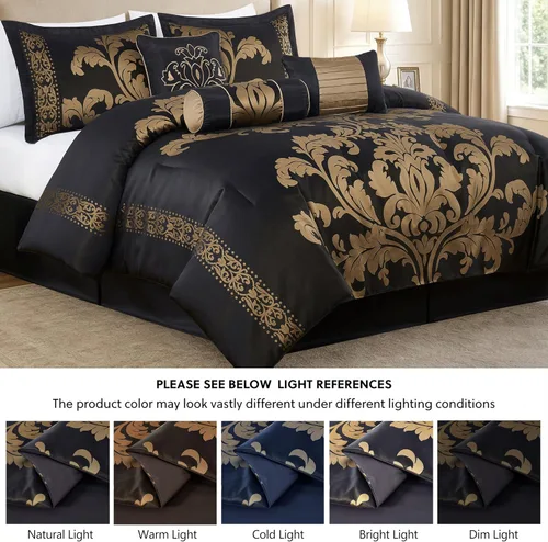 Vista 5 de Chezmoi Collection Juego de edredón floral de jacquard Royale de 7 piezas, matrimonial/doble, negro/dorado