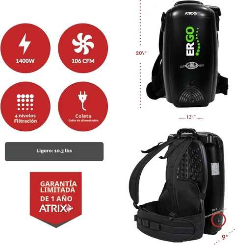Vista 5 de Atrix VACBP10 - Aspiradora ergonómica de mochila, paquete premium con 10 filtros, filtro HEPA de 8 cuartos de galón, aspiradora pequeña portátil
