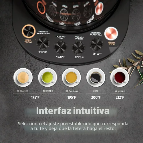 Vista 4 de Vianté - Tetera eléctrica con infusor para hojas sueltas. Elaborador de té caliente con control de temperatura y apagado automático. Tetera