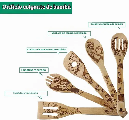 Vista 4 de Beauty and the Beast Juego de cucharas de madera quemadas para cocinar y servir, cuchara de bambú ranurada, utensilios de cocina, idea de regalo