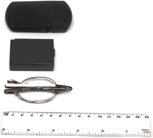 Vista 4 de Calabria Gafas de lectura plegables con especificaciones plateadas, lectores de bolsillo plegables para hombres y mujeres, estuche rígido negro