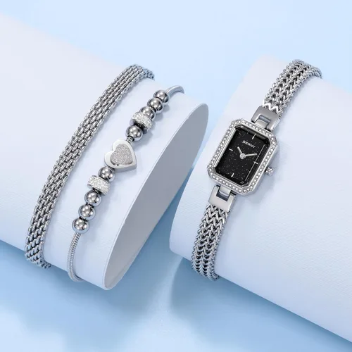 Vista 4 de BERNY Relojes de Plata para Mujeres Damas Conjunto de Reloj de Pulsera y Pulsera Delicado Reloj de Pulsera de Cuarzo Premium con Acentos de Cristal