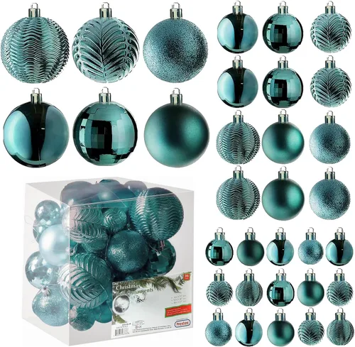 Vista 7 de PREXTEX - Juego de 36 adornos navideños azules para árbol de Navidad: bolas navideñas inastillables en color aguamarina y azul verdoso en tamaños