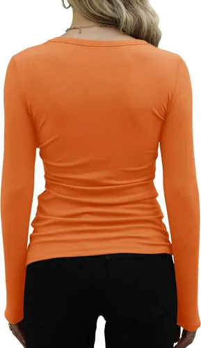 Vista 3 de GEMBERA Camisetas básicas de manga larga con cuello redondo y punto acanalado para mujer, estilo casual, ajustadas