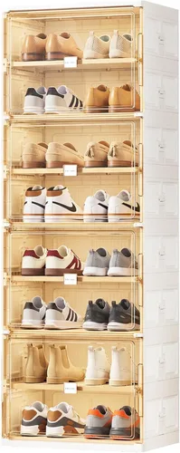 Vista 13 de JEKO&JEKO Zapatero plegable de 4 niveles para entrada de armario, caja de almacenamiento de zapatos plegable grande con puertas magnéticas