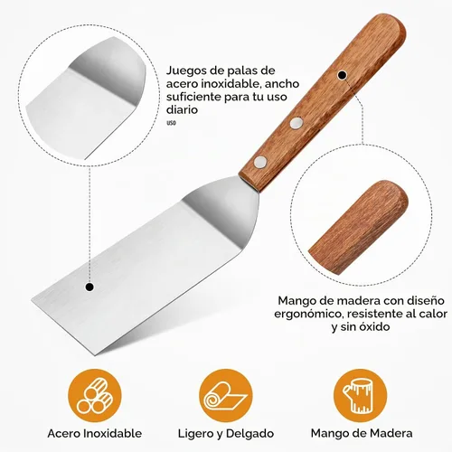 Vista 4 de Juego pequeño de espátulas de metal, mini espátulas de madera para uso en la cocina, pequeña espátula sólida de parrilla de acero inoxidable