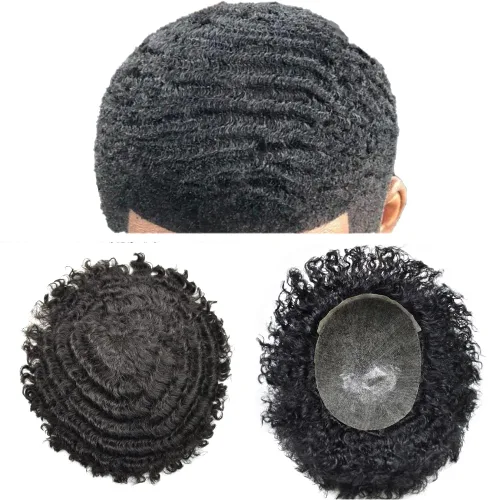 Vista 8 de Afro Toupee para hombres negros, sistema de reemplazo de cabello humano brasileño para hombres afroamericanos africanos afroamericanos, piezas