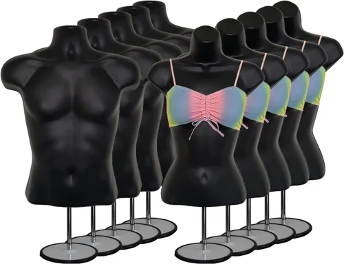 Vista 14 de Maniquí de torso masculino y femenino con soporte de metal, cuerpo con respaldo hueco, apilable, forma de vestido para exhibición de camisetas Negro