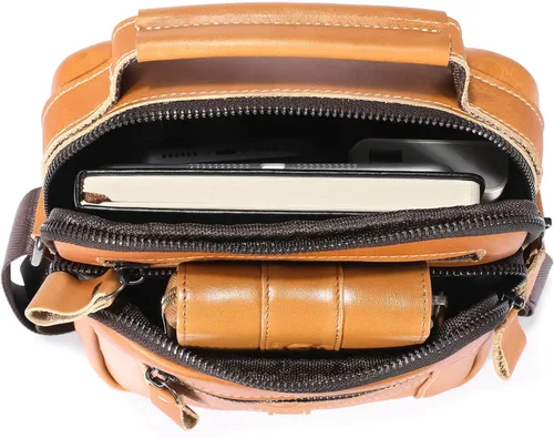 Vista 3 de Bolsos cruzados de cuero para hombre, bolso de hombro casual, bolso de mensajero de viaje, bolso vintage con múltiples bolsillos