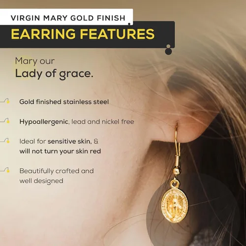 Vista 2 de Juego de aretes de medalla milagrosa católica, aretes de medalla de Virgen María, ovalados y círculos, para hombre, acero inoxidable virgen María