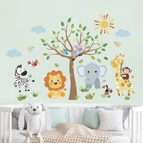 Vista 3 de decalmile Pegatinas de pared de animales de la selva mono, árbol, elefante