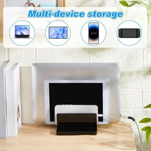 Vista 4 de Soporte vertical ajustable para computadora portátil, soporte acrílico de 3 ranuras para laptop, base invisible para computadora portátil, todos