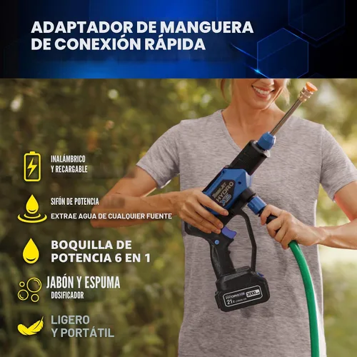 Vista 9 de Ontel Turbo Jet HydroX5 Pro Lavadora a presión inalámbrica portátil (batería de 21 V 3000 mAh), boquilla 6 en 1, fuente de agua doble, manguera