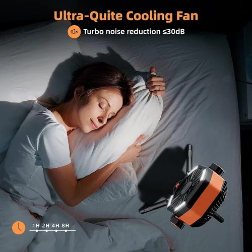Vista 7 de MORIKO Trípode de ventiladores de mesa, 20000 mAh, recargable, funciona con pilas, ventilador portátil para tienda de campaña con linterna LED