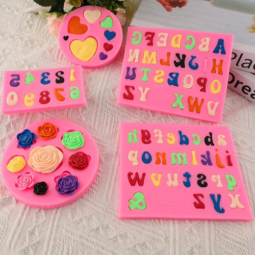 Vista 8 de Moldes de letras del alfabeto, 5 piezas de letras y números, forma de corazón, flores, molde de silicona para fondant de chocolate, arcilla