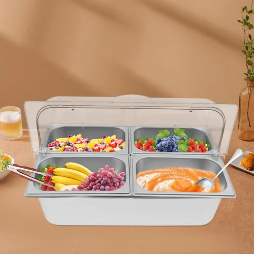 Vista 2 de Recipiente de acero inoxidable para servir alimentos de 4 bandejas con tapa, servidor de condimentos con cucharas, abrazaderas, bolsas de agua