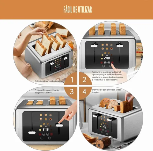 Vista 7 de WUNLY Tostadora digital inteligente con pantalla táctil de 4 rebanadas Platino