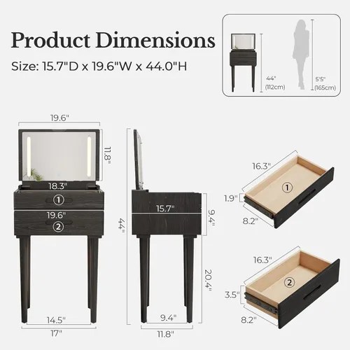 Vista 2 de Muwuele Escritorio pequeño de madera maciza con espejo y luces, tocador de maquillaje estrecho para espacios pequeños, mesa auxiliar de tocador