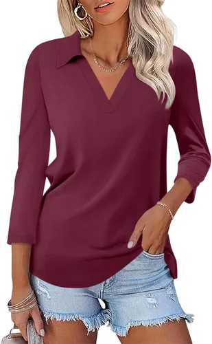 Vista 30 de TICTICMISS - Camisas polo de cuello en V para mujer, manga 3/4, con cuello, tops casuales de negocios, tops de verano a la moda, holgados