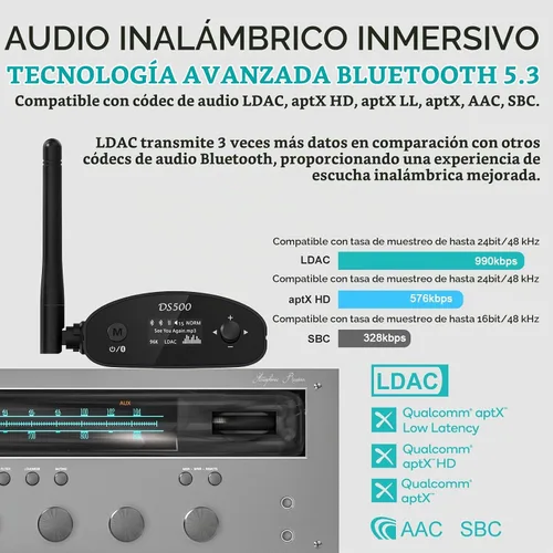 Vista 3 de 1Mii DS500 Receptor Bluetooth 5.3 de alta resolución, DAC audiófilo de 32 bits/384 kHz, LDAC sin pérdida y aptX HD, pantalla OLED, ecualizador