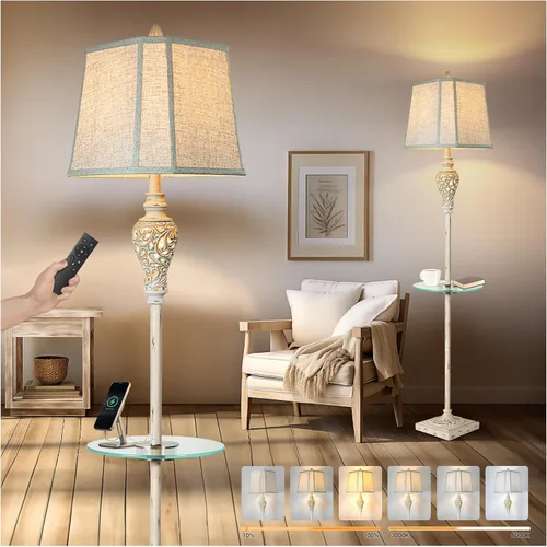 Vista 16 de LuxSight Collection Lámpara de pie rústica de 65 pulgadas de alto con pantalla de tela de lino de esquina de corte de luz nocturna, lámpara de pie