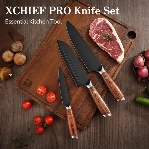 Vista 2 de Juego de cuchillos de cocina, 3 piezas japoneses de acero inoxidable de alto carbono, cuchillos de cocina de chef profesional ultra afilados Santoku
